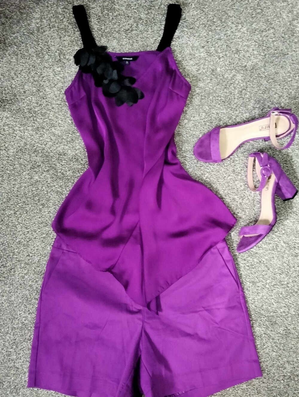 Vibrant Purple Top with Black Floral Accent With Matching Shorts & Heels Bundle